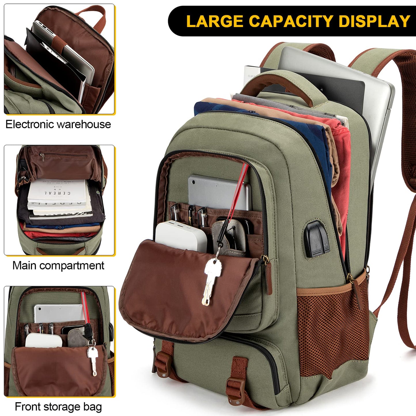 Tzowla Canvas Laptop Backpack Men,Bag for Women,School Travel College Work Rucksack Fits 15.6 Inch Laptop,Bookbag with USB Charging Port,Green