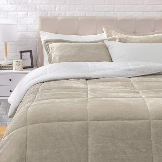 Ultra-Soft Micromink Sherpa Comforter Bed Set - Taupe, King