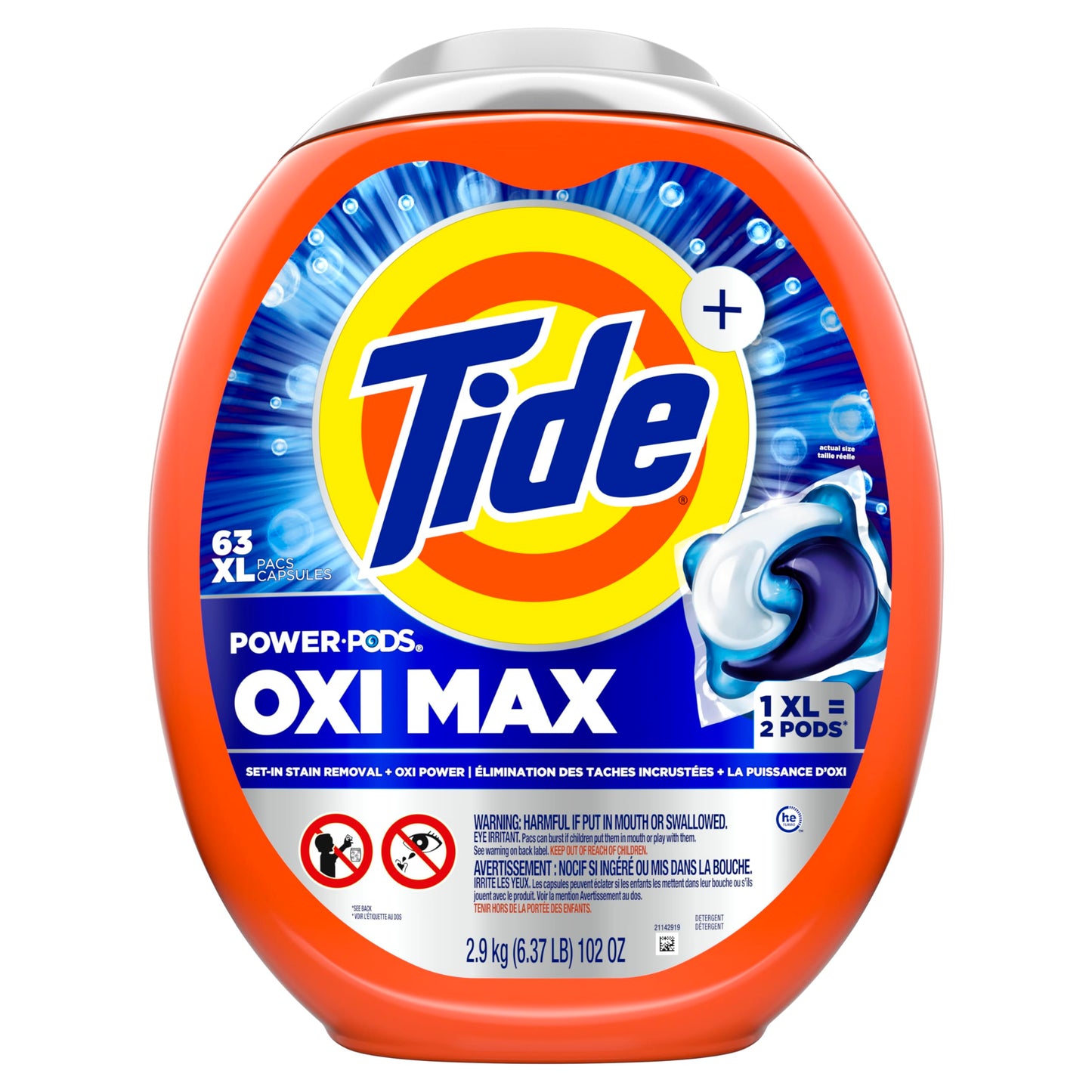 Tide Oxi Max Power PODS Laundry Detergent, Laundry Pods with Stain Remover Plus Oxi Power, 63 Count
