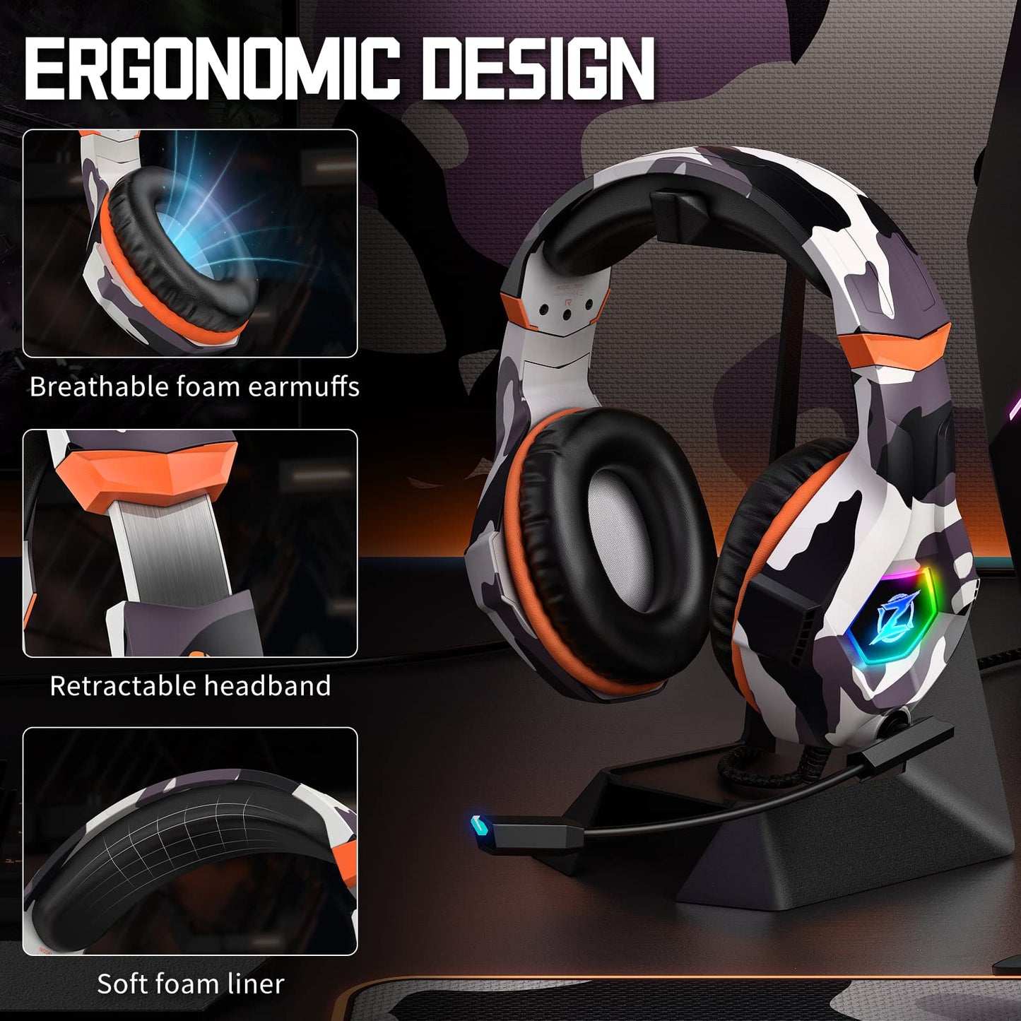 Ozeino Gaming Headset for PC, Ps4, Ps5, Xbox Headset with 7.1 Surround Sound, Gaming Headphones with Noise Cancelling Mic RGB Light Over Ear Headphones for Xbox Series X/S, Switch-Camo