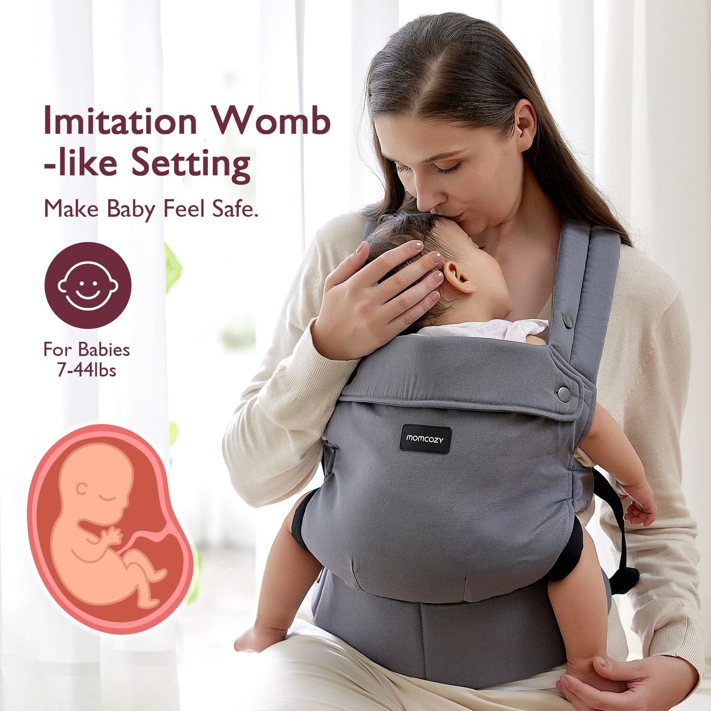 Momcozy Baby Carrier - Ergonomic, Cozy and Lightweight Carrier for 7-44lbs, Effortless to Put On, Ideal for Hands-Free Parenting, Enhanced Lumbar Support, Purehug for Infant to Toddler, Grey