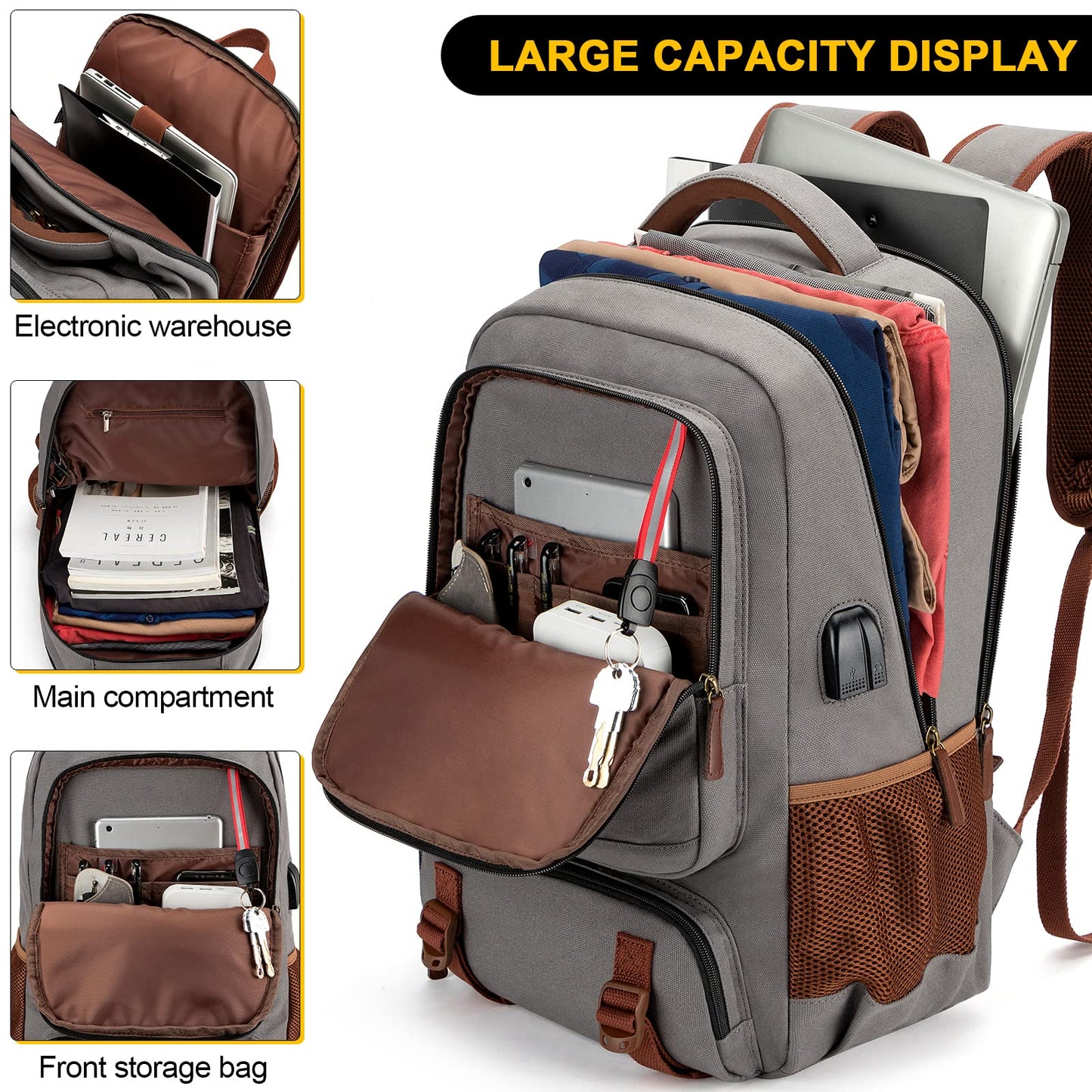 Tzowla Canvas Laptop Backpack Men,Bag for Women,School Travel College Work Rucksack Fits 15.6 Inch Laptop,Bookbag with USB Charging Port