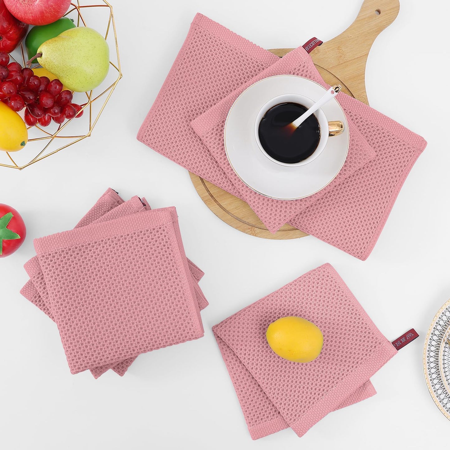 100% Cotton Waffle Weave Kitchen Dish Cloths, Ultra Soft Absorbent Quick Drying Dish Towels, 12 x 12 Inches, 12-Pack, Dried Rose