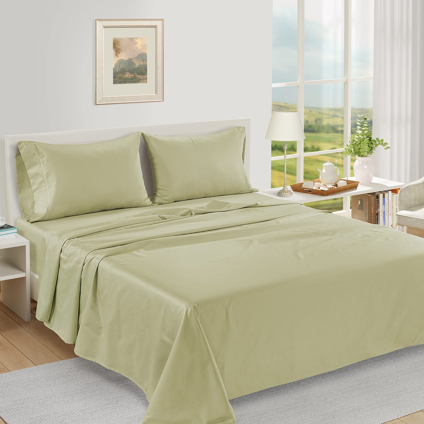 LANE LINEN 100% Egyptian Cotton Sheets, Sustainably Produced Eco Friendly Luxury Hotel Like Thick sábanas King, 16 inch Reinforced French Seam deep Pocket King Sheet Set-Sea Foam