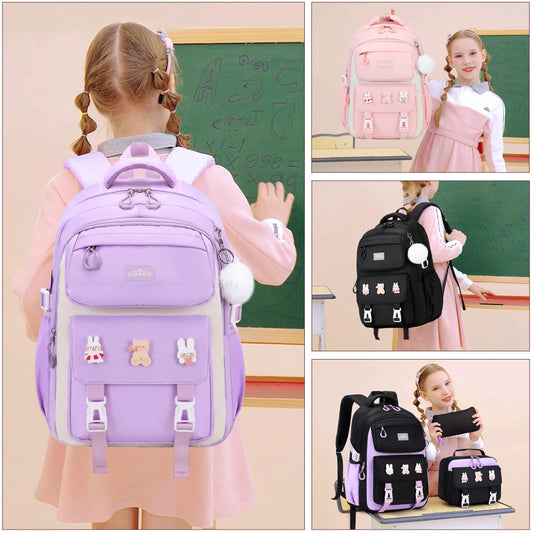 DIGOBAY Girls Backpack, School Backpack for Girls with Lunch Box Pencil Case Set for Teen Kids Girl Elementary Primary Middle High College School Bookbag with Cute Pins Purple