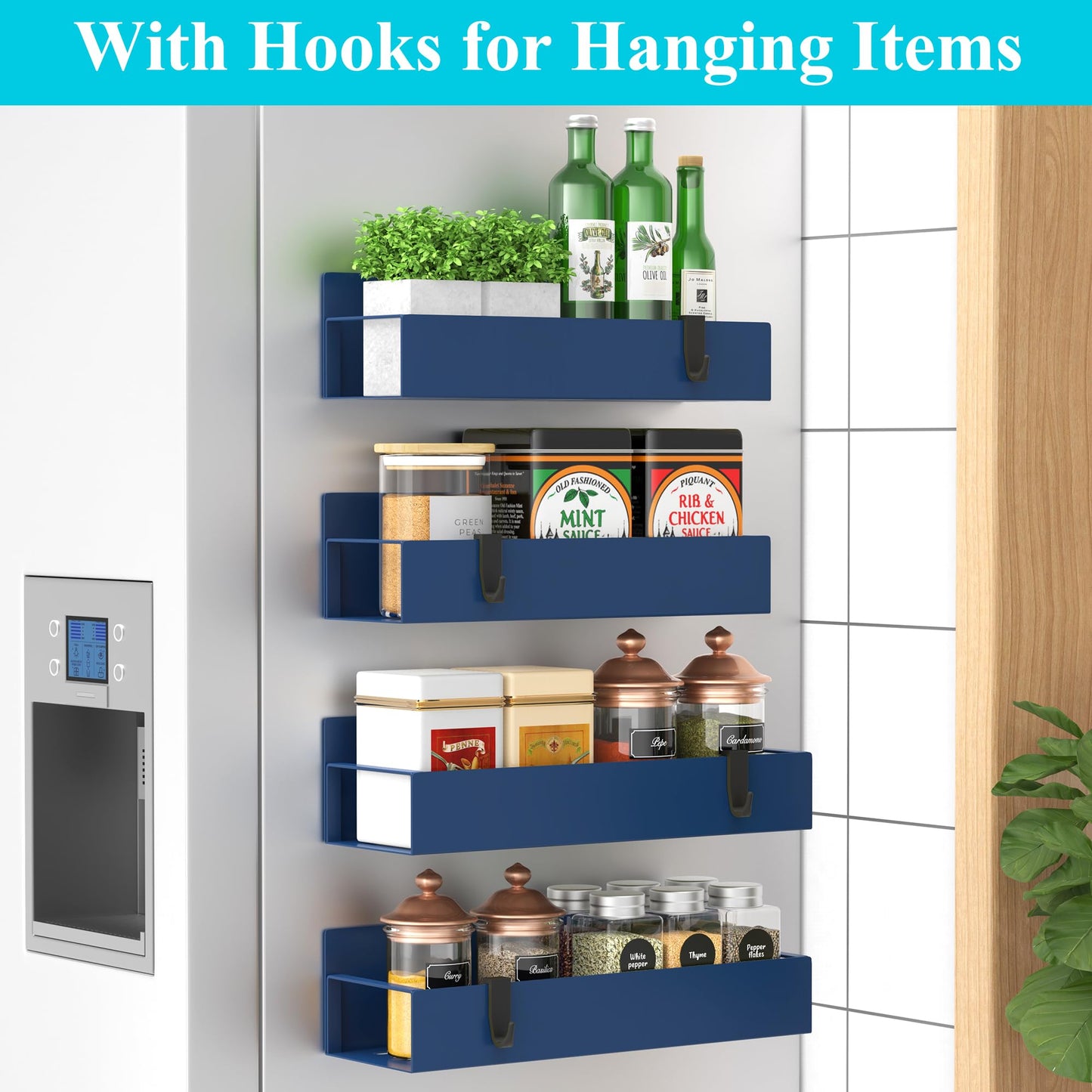 4 Pack Magnetic Spice Storage Rack Organizer for Refrigerator and Oven, Royal Blue Fridge Organizers and Storage