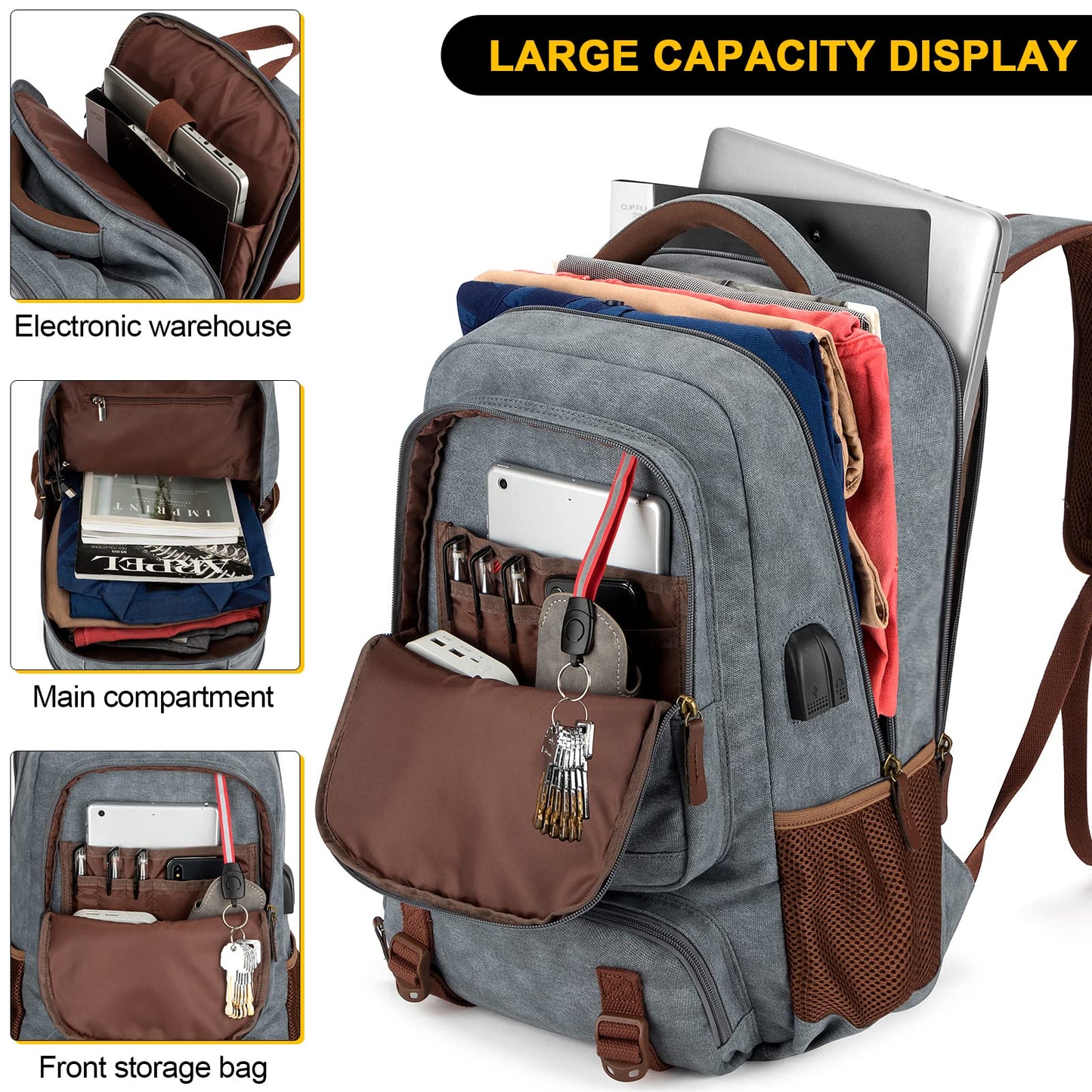 Tzowla Canvas Laptop Backpack Men,Bag for Women,School Travel College Work Rucksack Fits 15.6 Inch Laptop,Bookbag with USB Charging Port,Light Grey