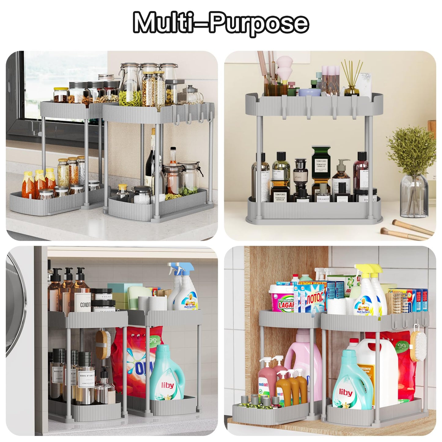 2 Pack Multi-Purpose Pull-Out Storage Organizers, Under Sink Organizers and Storage for Bathroom & Kitchen, Under Cabinet Organizers and storage, 14.8 Inch, Grey