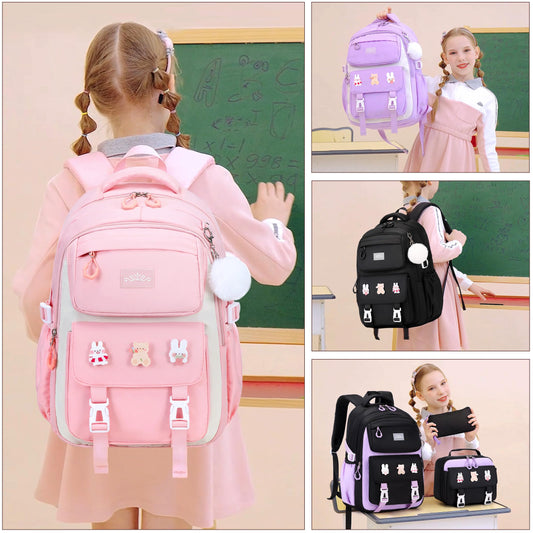 DIGOBAY Girls Backpack, School Backpack for Girls with Lunch Box Pencil Case Set for Teen Kids Girl Elementary Primary Middle High College School Bookbag with Cute Pins Pink