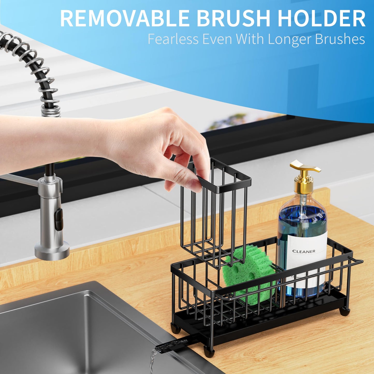Sponge Holder for Kitchen Sink with Towel Rack, Sink Caddy with Kitchen High Brush Holder, Organzier Rustproof 304 Stainless Steel Dish Organizer Divider, Soap Dispenser Storage