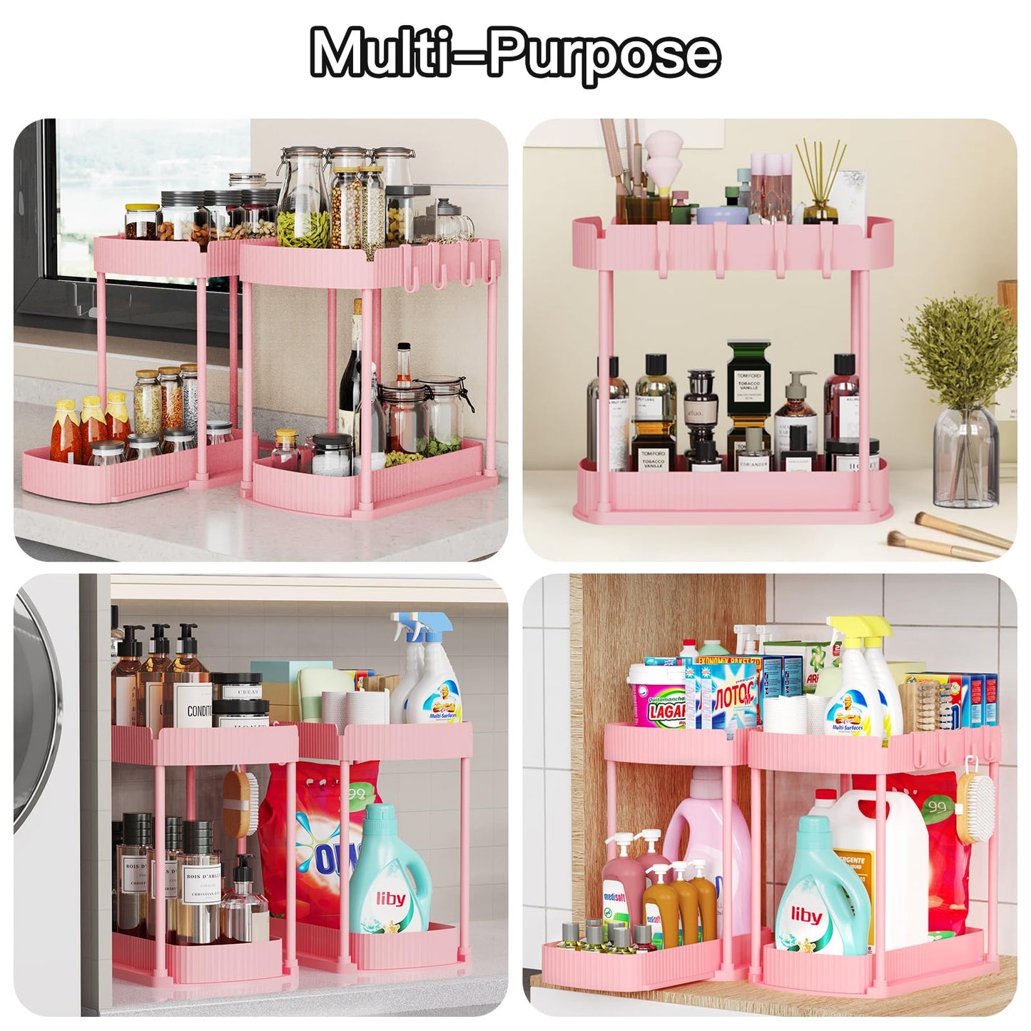 2 Pack Multi-Purpose Pull-Out Storage Organizers, Under Sink & Cabinet Organizers, 12.8 Inch Pink