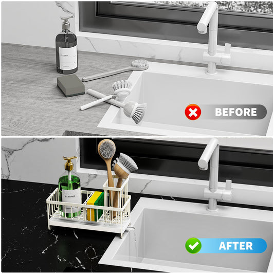 Cream Sponge Holder for Kitchen Sink, Sink Caddy Organizer with High Brush Holder, Kitchen Countertop Organizers and Storage Essentials, Rustproof 304 Stainless Steel, Soap Dispenser Organize