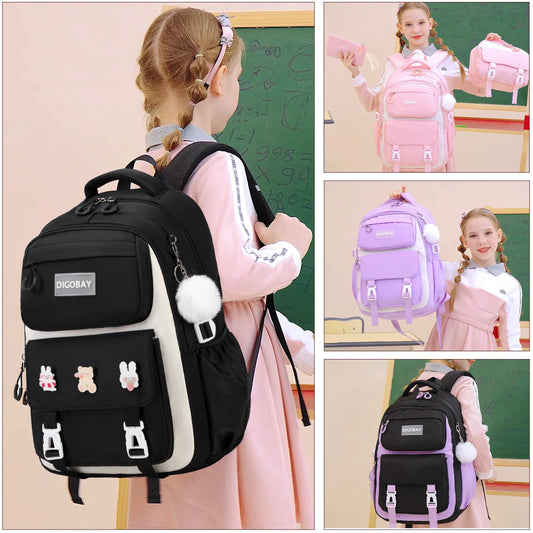 DIGOBAY Girls Backpack Set for School, Kids Backpack for Girls with Lunch Box Pencil Case, Black-beige, Modern