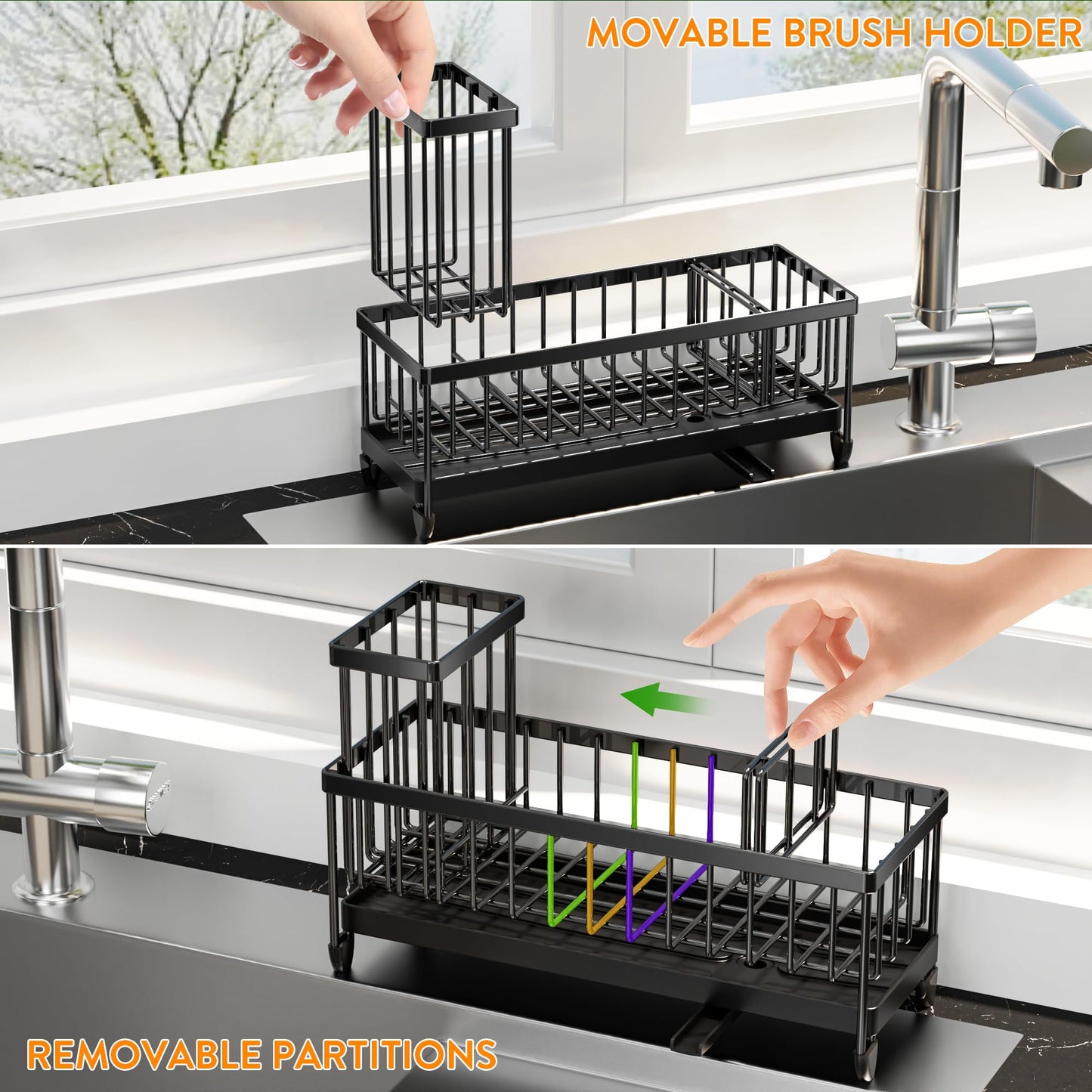 Extra Large Black Sponge Holder for Kitchen Sink, Sink Caddy Organizer with High Brush Holder, Kitchen Countertop Organizers and Storage Essentials, Rustproof 304 Stainless Steel