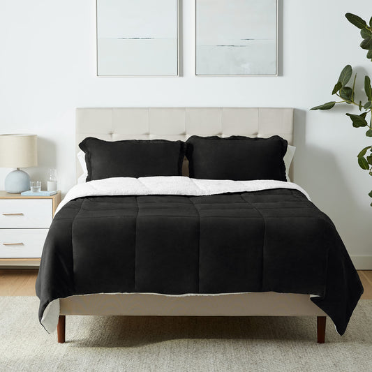 Ultra-Soft Micromink Sherpa Comforter Bed Set - Black, Full/Queen