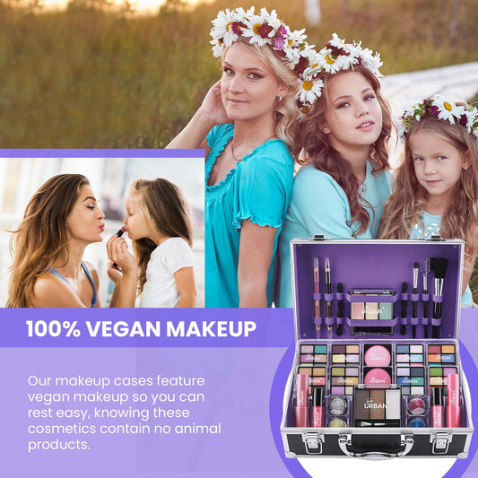 Love Urban Beauty Bliss Makeup Case Vegan Products – Complete Suitcase Eyeshadow, Blusher, Lipstick, Eyebrow Wax & Powder, Brushes Aluminum-Framed Organizer, Black, 1.0 count