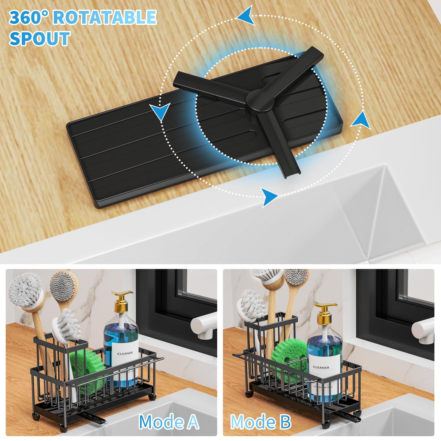 Sponge Holder for Kitchen Sink with Towel Rack, Sink Caddy with Kitchen High Brush Holder, Organzier Rustproof 304 Stainless Steel Dish Organizer Divider, Soap Dispenser Storage