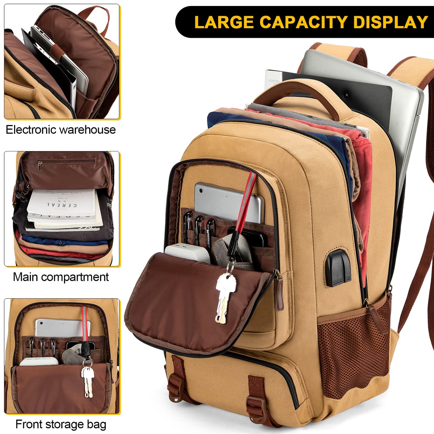 Tzowla Canvas Laptop Backpack, Bag for Men Women,Travel Work Rucksack Fits 15.6 Inch Laptop,Bookbag with USB Charging Port-Yellow