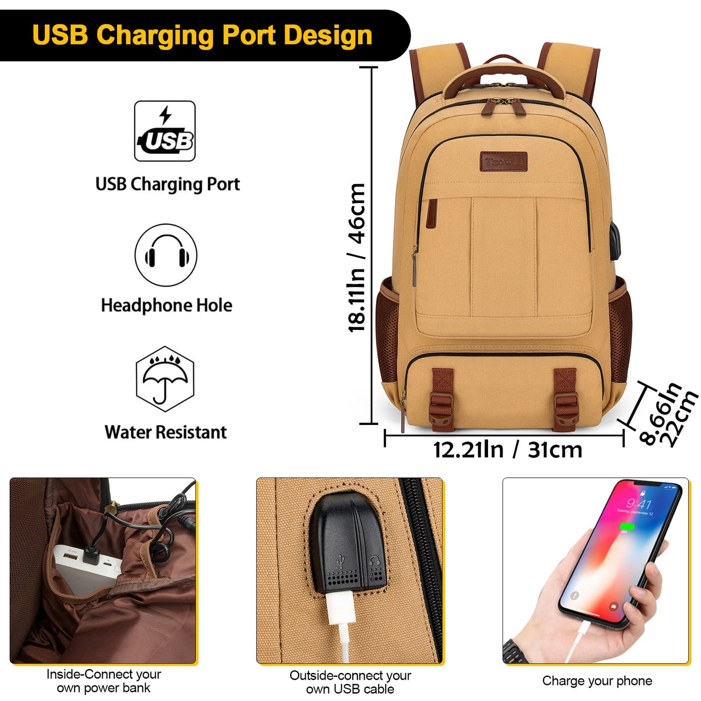 Tzowla Canvas Laptop Backpack, Bag for Men Women,Travel Work Rucksack Fits 15.6 Inch Laptop,Bookbag with USB Charging Port-Yellow
