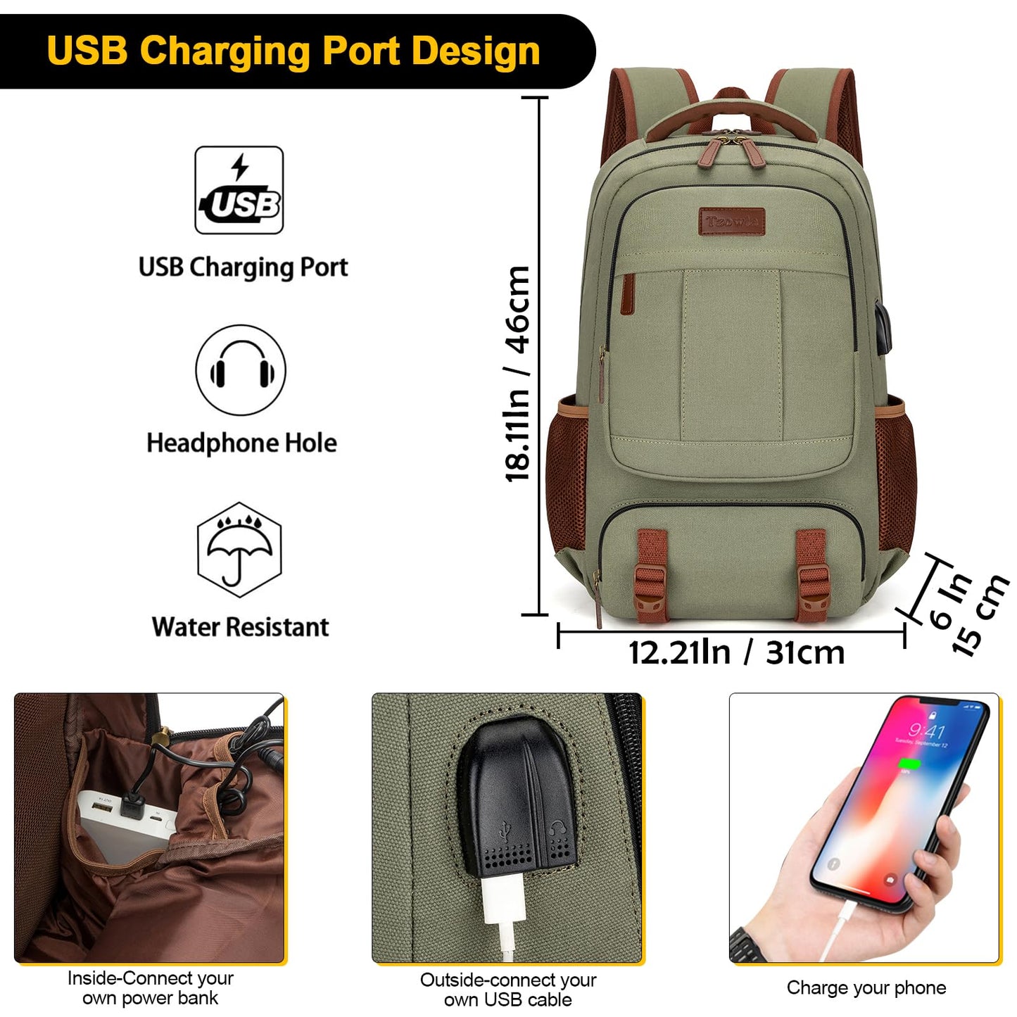 Tzowla Canvas Laptop Backpack Men,Bag for Women,School Travel College Work Rucksack Fits 15.6 Inch Laptop,Bookbag with USB Charging Port,Green