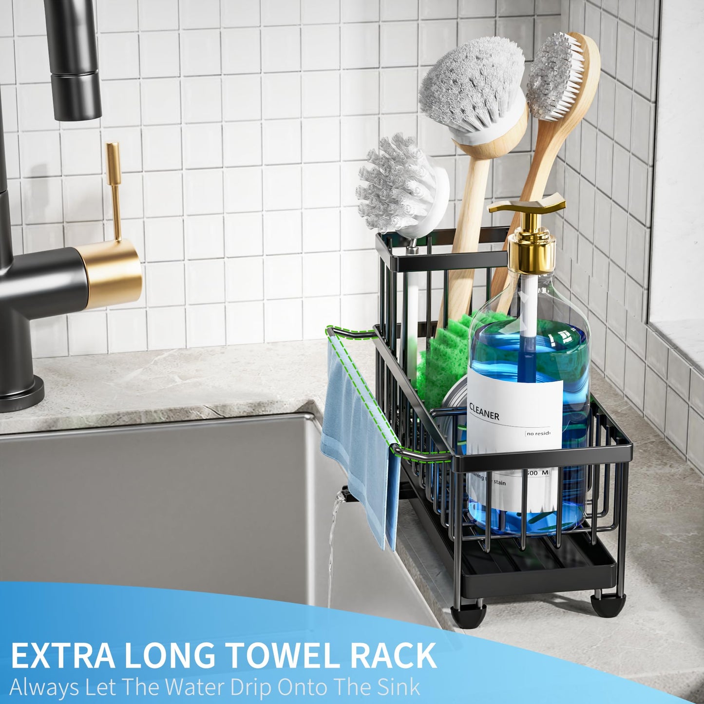 Sponge Holder for Kitchen Sink with Towel Rack, Sink Caddy with Kitchen High Brush Holder, Organzier Rustproof 304 Stainless Steel Dish Organizer Divider, Soap Dispenser Storage