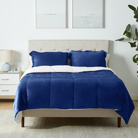 Ultra-Soft Micromink Sherpa Comforter Bed Set - Navy, Full/Queen