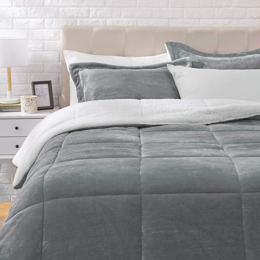 Ultra-Soft Micromink Sherpa Comforter Bed Set - Charcoal, King