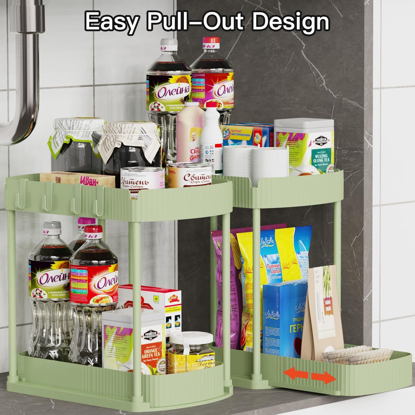2 Pack Multi-Purpose Pull-Out Storage Organizers, Under Sink Organizers and Storage for Bathroom & Kitchen, Under Cabinet Organizers and storage, 12.8 Inch, Green