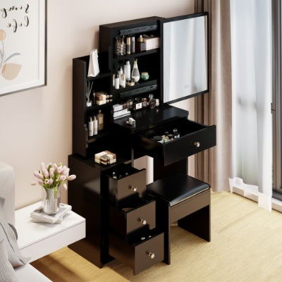 Cabinet Vanity Table Cushioned Stool, Extra Large Right Sliding Mirror, Multi Layer High Capacity Storage, Practical Fashionable Dresser, Suitable For Small Space