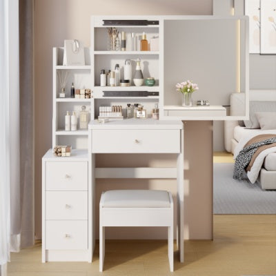 Cabinet Vanity Table Cushioned Stool, Extra Large Right Sliding Mirror, Multi Layer High Capacity Storage, Practical Fashionable Dresser, Suitable For Small Space