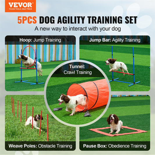 VEVOR Dog Agility Training Equipment 5 PCS Set Upgrade W Hurdles Extended Tunnel