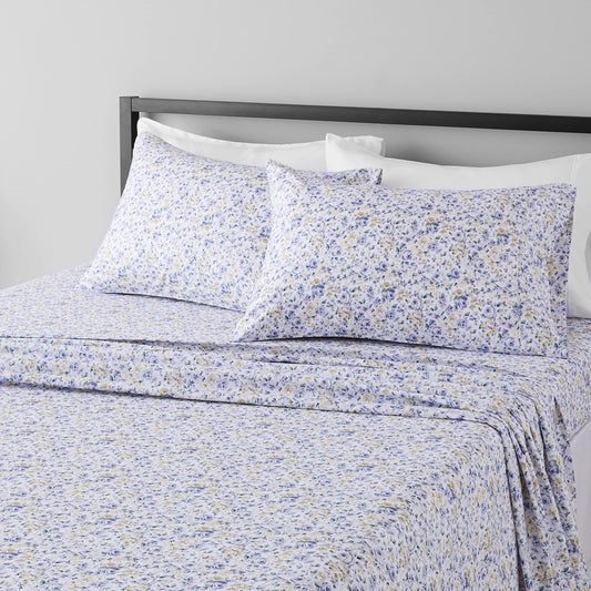 Lightweight Super Soft Easy Care Microfiber 4 Piece Bed Sheet Set With 14-inch Deep Pockets, Queen, Blue Floral,Printed