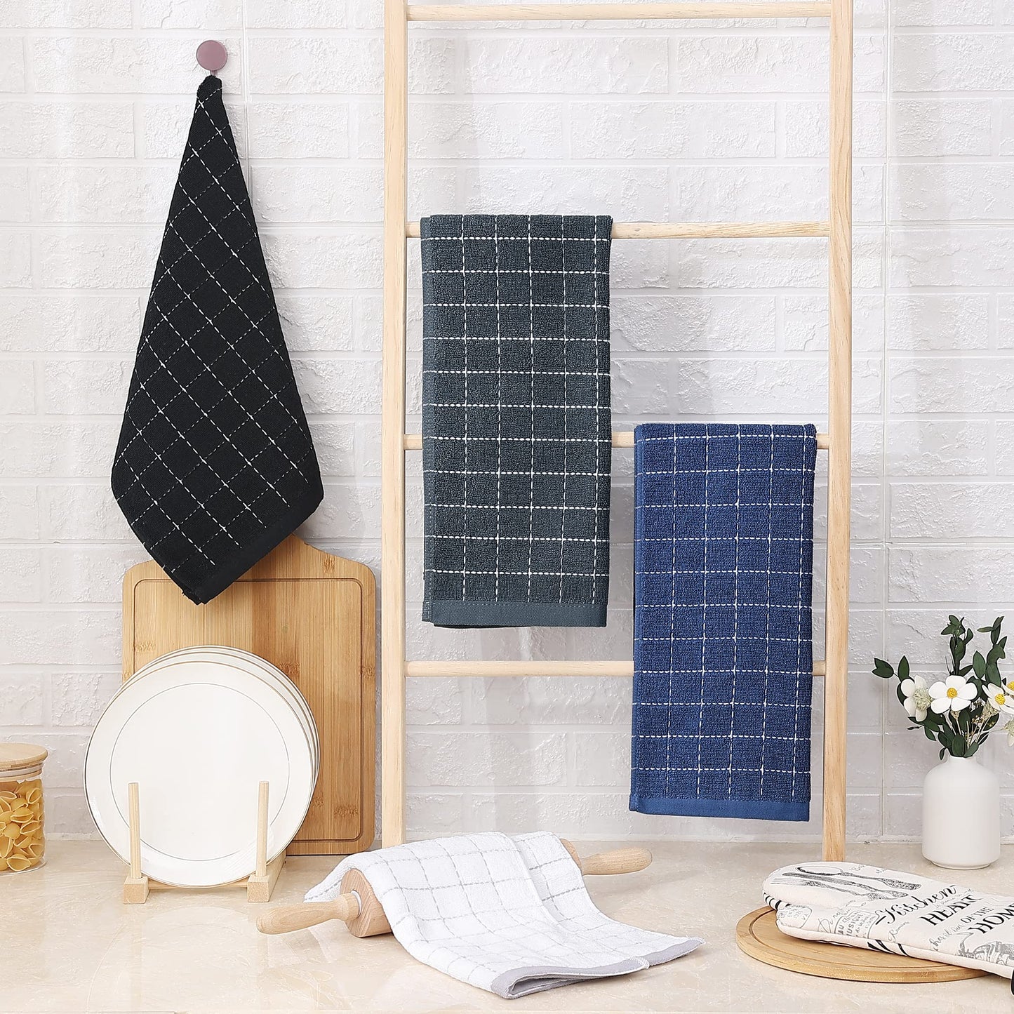100% Cotton Terry Kitchen Towels(Multiple Color, 13 x 28 inches), Checkered Designed, Soft and Super Absorbent Dish Towels, 4 Pack