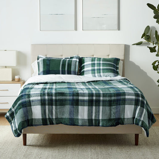 Ultra-Soft Micromink Sherpa 3 Piece Comforter Bed Set, Full/Queen, Green Plaid