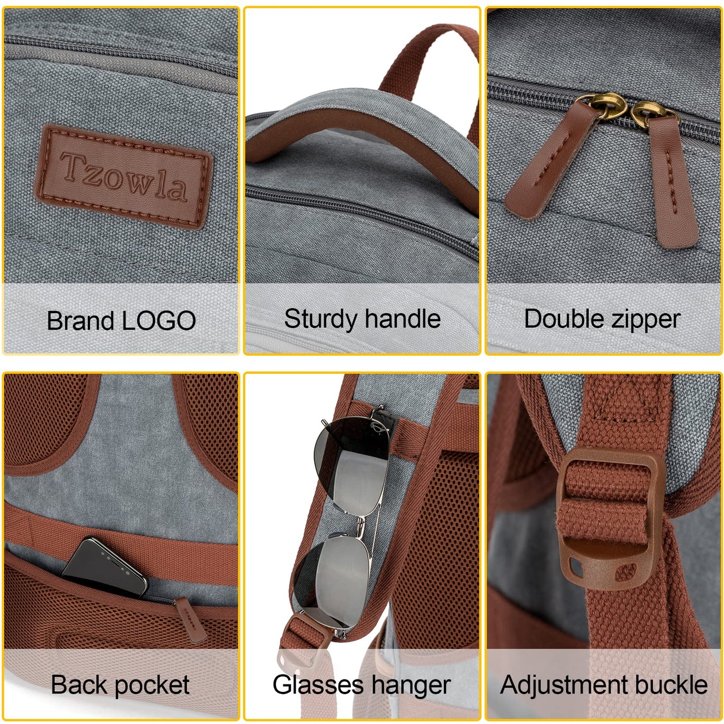 Tzowla Canvas Laptop Backpack Men,Bag for Women,School Travel College Work Rucksack Fits 15.6 Inch Laptop,Bookbag with USB Charging Port,Light Grey
