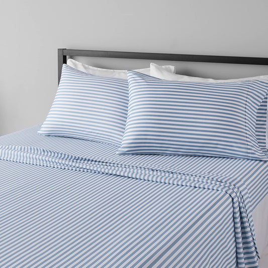 Lightweight Super Soft Easy Care Microfiber 4 Piece Bed Sheet Set With 14-inch Deep Pockets - Queen, Dusty Blue Pinstripe,Printed
