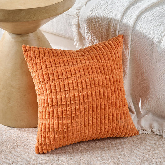 Fancy Homi Set of 4 Burnt Orange Fall Decorative Throw Pillow Covers 18x18 Inch for Couch Bed Chair, Modern Farmhouse Boho Room Decor, Soft Fuzzy Corduroy Textured Striped Cushion Case 45cm