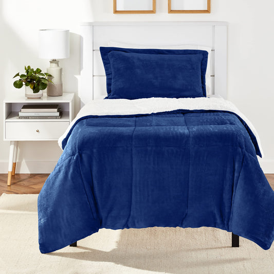 Ultra-Soft Micromink Sherpa Comforter Bed Set - Navy, Twin