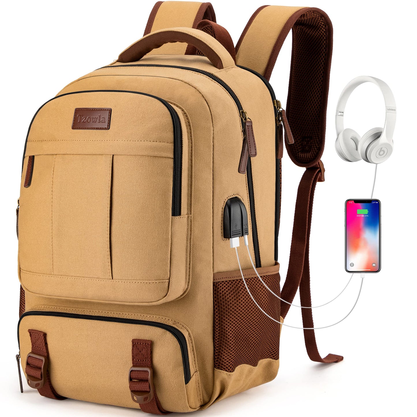 Tzowla Canvas Laptop Backpack, Bag for Men Women,Travel Work Rucksack Fits 15.6 Inch Laptop,Bookbag with USB Charging Port-Yellow