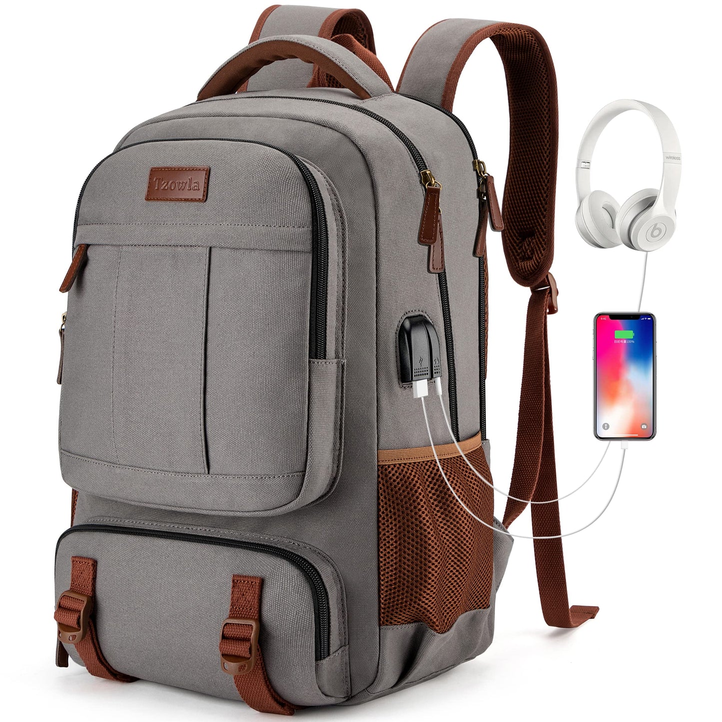Tzowla Canvas Laptop Backpack Men,Bag for Women,School Travel College Work Rucksack Fits 15.6 Inch Laptop,Bookbag with USB Charging Port