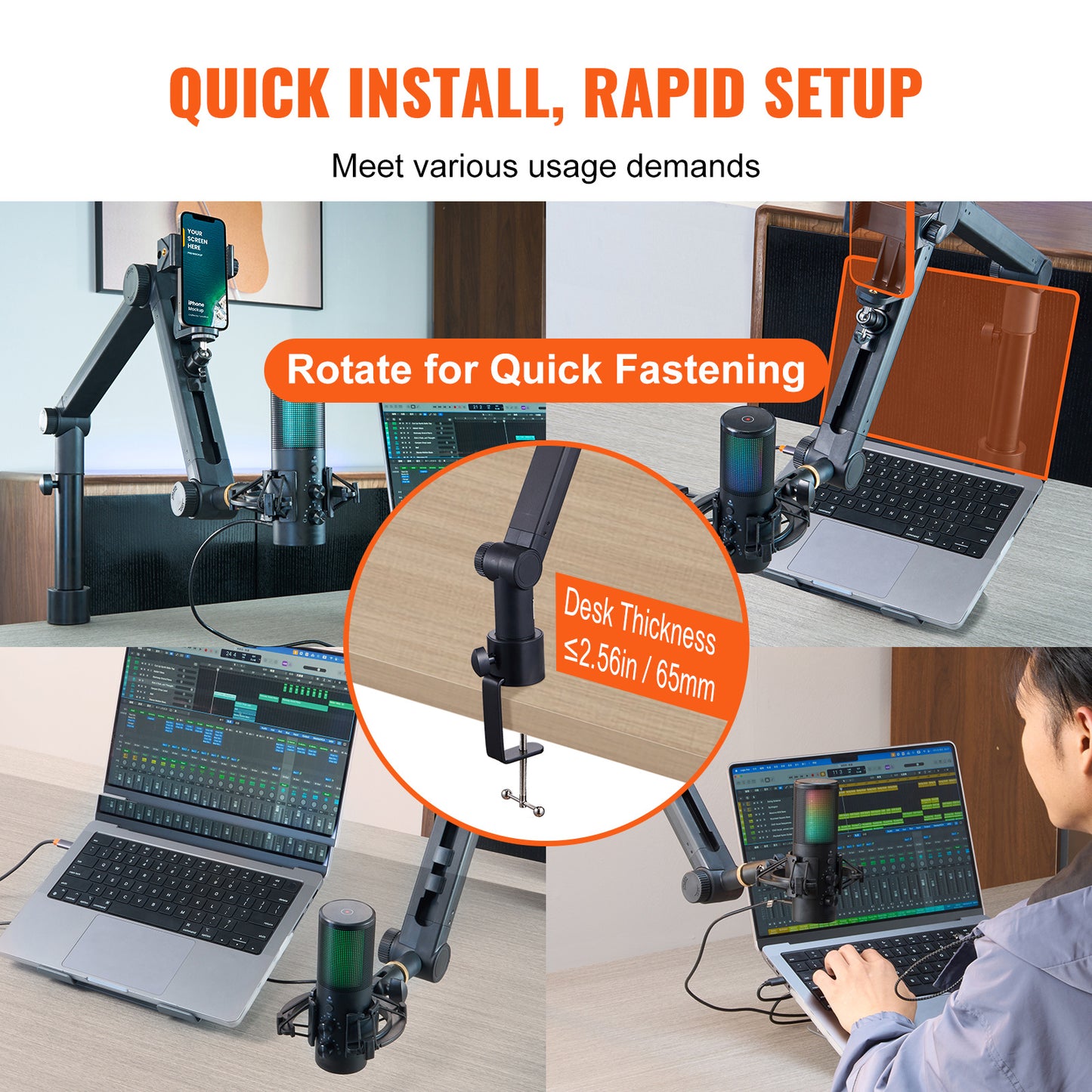 VEVOR Microphone Boom Arm With Desk Mount, Rotatable, Adjustable Mic Stand With Adapter Port Headset Hook, For Blue Hyperx Quadcast Blue Snowball Shure SM7B Audio Technica