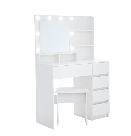 Makeup Vanity Desk Set With Mirror & Light, Dressing Table Storage Lots With Power Strip, 3 Lighting Modes With Adjustable Brightness, 37 Inches White With Stool