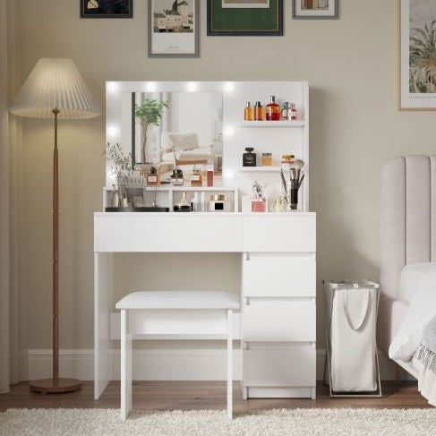 Makeup Vanity Desk Set With Mirror & Light, Dressing Table Storage Lots With Power Strip, 3 Lighting Modes With Adjustable Brightness, 37 Inches White With Stool
