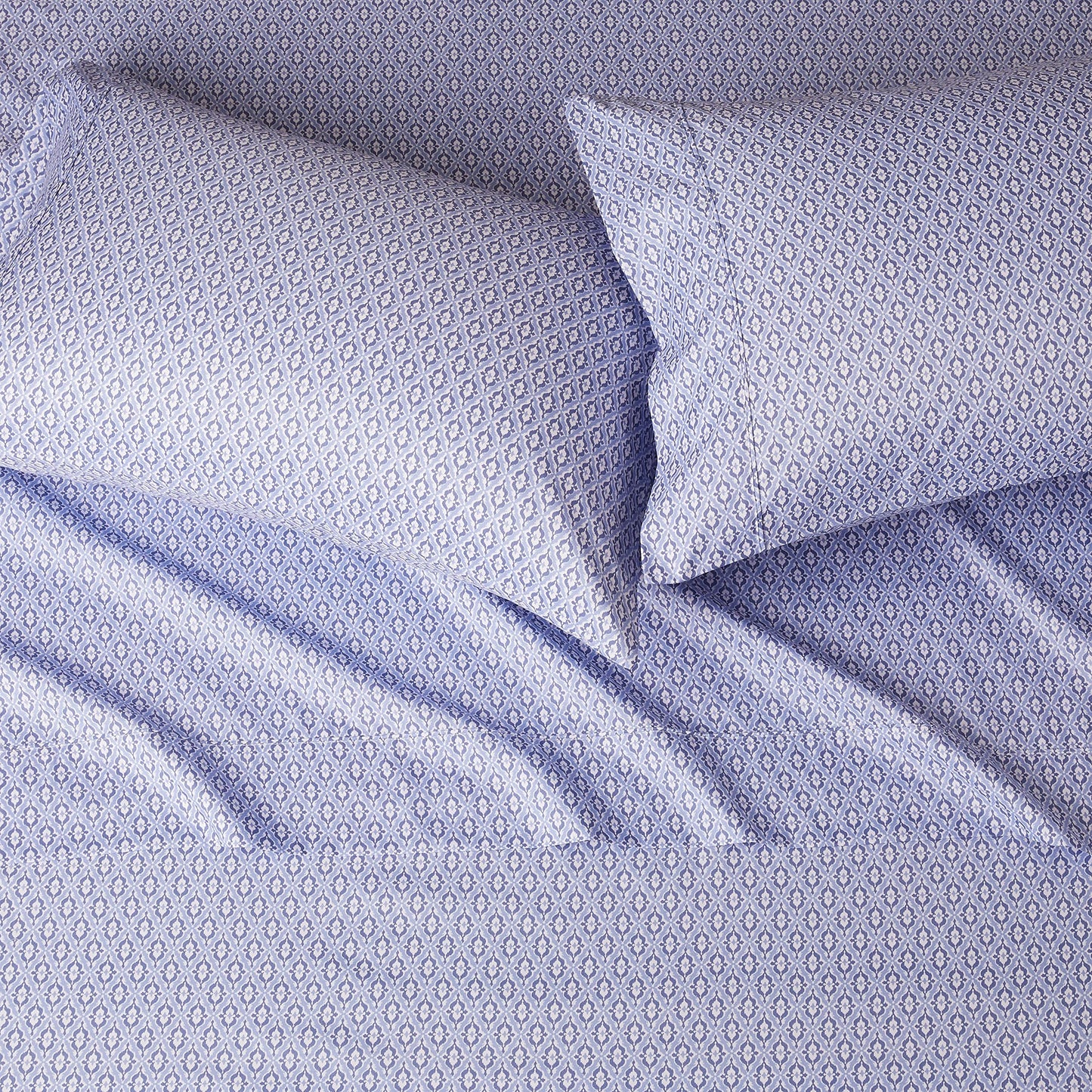 Lightweight Super Soft Easy Care Microfiber 4 Piece Bed Sheet Set With 14" Deep Pockets, Queen, Blue Damask, Printed