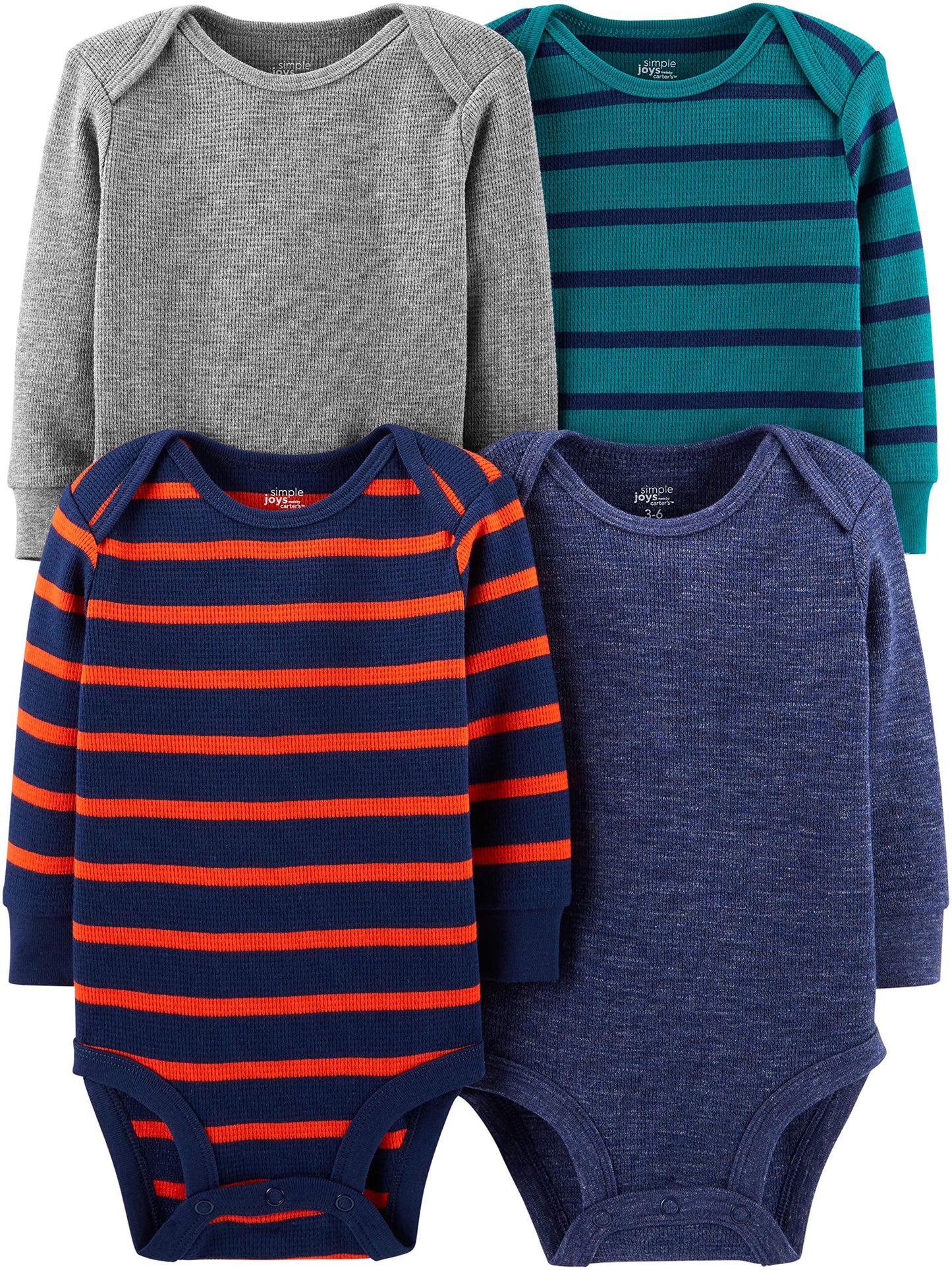 Simple Joys by Carter's Boys' 4-Pack Soft Thermal Long Sleeve Bodysuits, Grey Heather/Blue Heather/Stripes, 3-6 Months