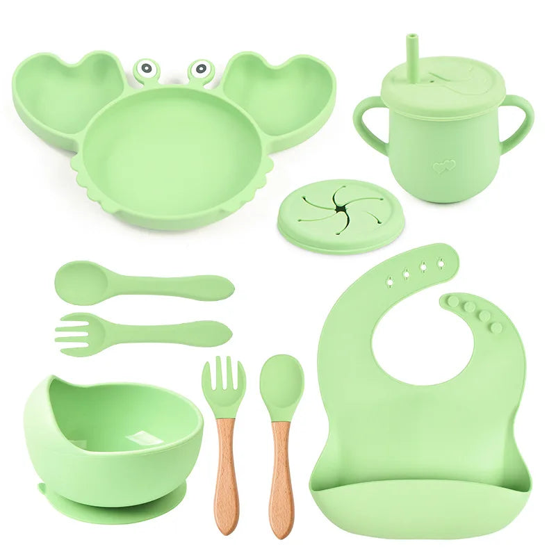 9Pcs Baby Silicone non-Slip Suction Bowl Plate Spoon Waterproof Bib Cup Set Baby Crab Dishes Food Feeding Bowl for Kids BPA Free