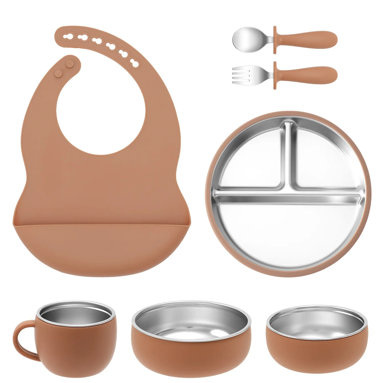 Kids 7PCS Stainless Steel & Silicone Feeding Set Sucker Dishes Plate Bowl BPA Free Toddler Bib Fork Spoon Cup Baby Stuff