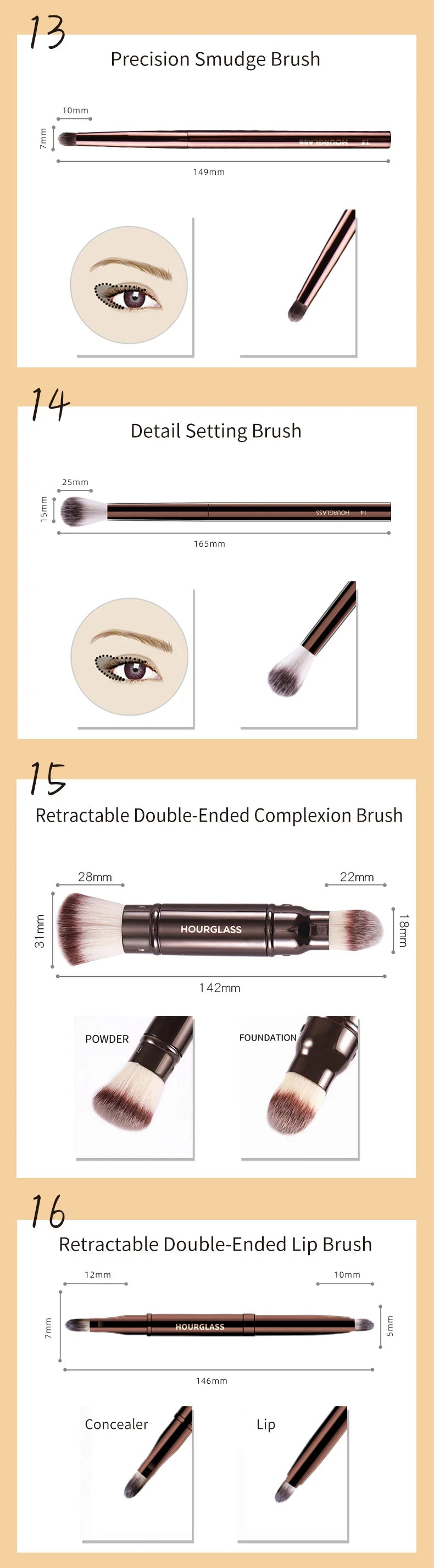 Hourglass Makeup Brush Set & Kit Include Powder Foundation Concealer Lip Blusher Bronzer Eyeshadow Eyeliner Highlight Brush