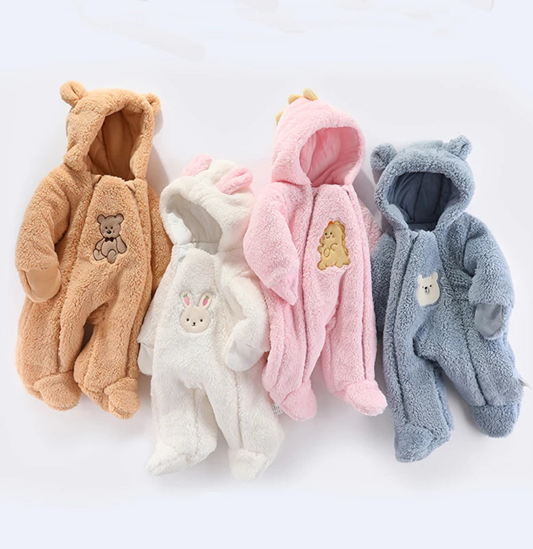 Newborn Baby Winter Jacket Warm Hooded Infant Romper Thicken Soft Cotton Boys Jumpsuit Cartoon Baby Girl Clothes 0 to 12 Months