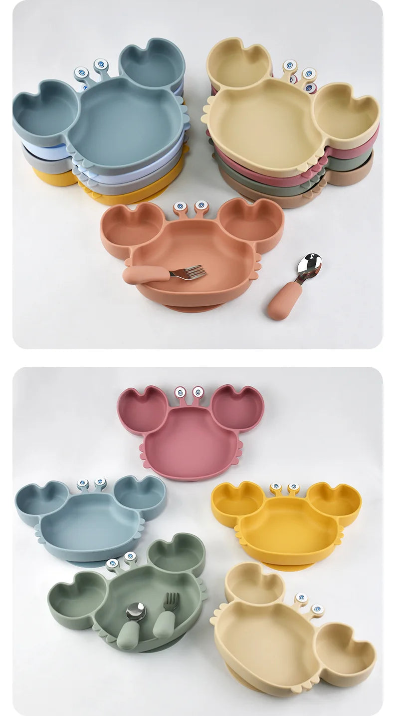 3Pcs/Set Baby Safe Silicone Dining Plate Food Feeding With Spoon Fork Cartoon Children Dishes Prevent Tipping Over And BPA Free